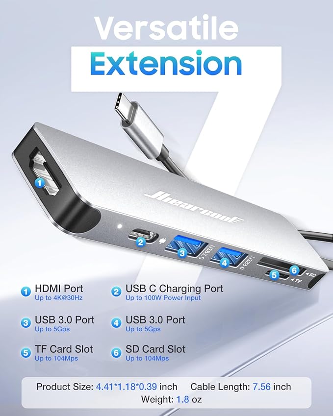 Hiearcool USB C Hub Multi-Port Adapter, 7-in-1 USB-C Dongle with 4K HDMI 100W PD SD/TF Card Reader, USBC Dock Compatible for MacBook Pro/Air Dell XPS Lenovo HP and Other Windows Laptops-Sliver White