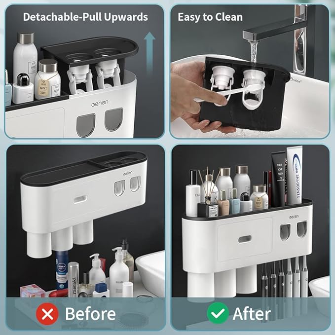 Toothbrush Holders Wall Mounted, Toothbrush Holder with Automatic Toothpaste Dispensers, 6 Brush Slots, 3 Magnetic Cups,1 Cosmetic Drawer Organizer and 1 Large Storage Tray