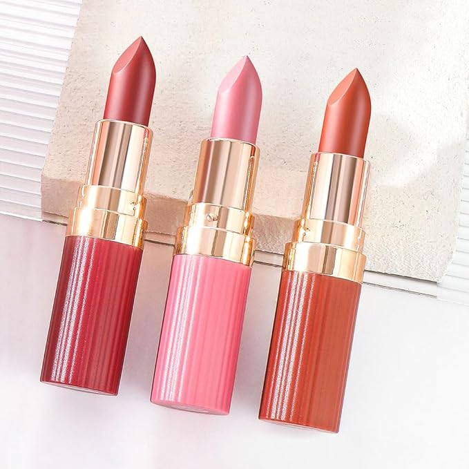 3Pcs Nude Pink Purple Mauve Lavender Lip Stick,Matte Cream Lipstick Set for Women,Long Lasting Waterproof Smudge Proof Velvet lipsticks Crayon,Lip Makeup Kit Travel Size,Vegan & Cruelty-free