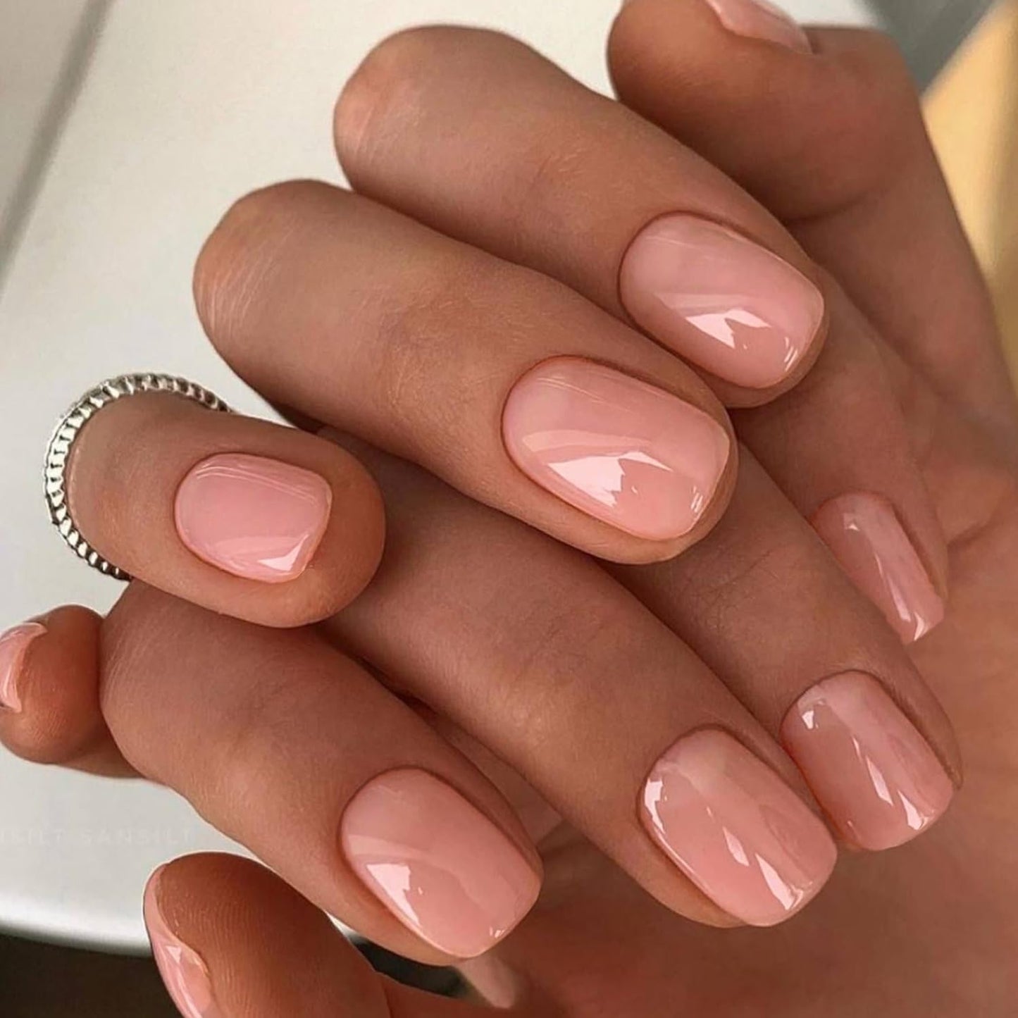 GLAMERMAID Press On Nails Extra Short Square, Jelly Soft Gel Fake Nails Round Squoval, Natural Nude Pink False Nails Tip, Pure White Fake Nails Short Squoval, Natural Round Square Glue on Nails Glossy