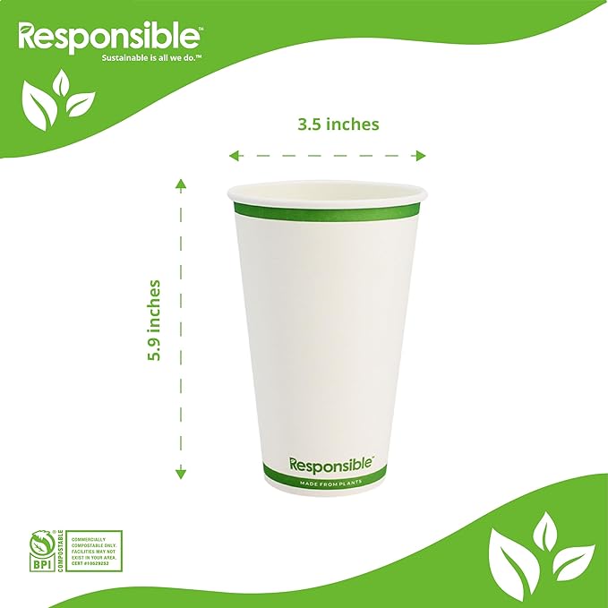 Responsible Products Certified Compostable 20 oz Paper Cups, Cold ＆ Hot Coffee Cups, Disposable Paper Cups, Extra Strength Disposable Cups, Made without PFAS (50 count)