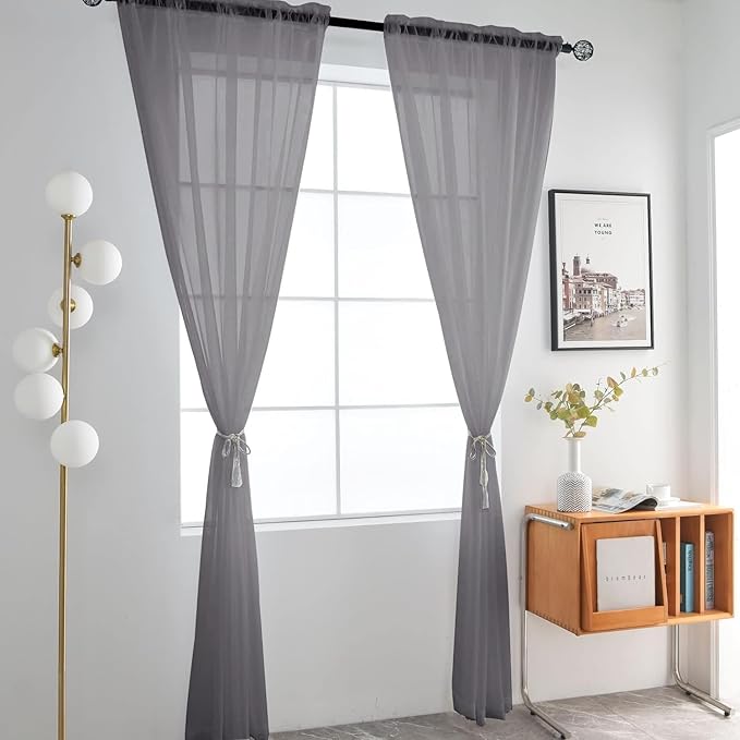 SpaceDresser Grey Sheer Curtains 4 Panels Rod Pocket Semi-Sheer Curtain 45 Inches Long Light Filtering Voile Window Drapes for Bedroom Living Room Kitchen, Each 52W x 45L
