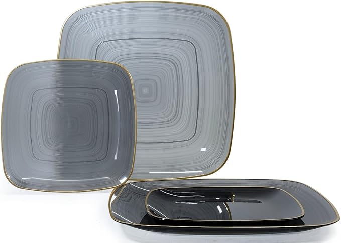 " OCCASIONS " 100 Plates Pack,(50 Guests) Premium Wedding Party Disposable Plastic Plates Set -50 x 10'' Dinner + 50 x 7'' Salad/Dessert (Belize Square in Black & Gold)