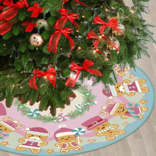 Holiday Gingerbread Tree Skirt, Blush Cookie Man Cover, Candy Kingdom Christmas Ornaments for Playful Seasonal Party Indoor Decor Home Accents