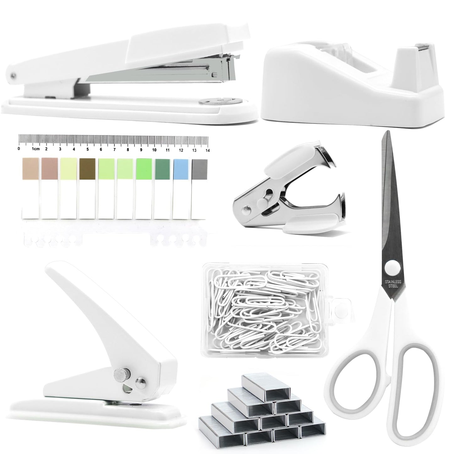 sportsvoutdoors White Desk Accessories, Modern Minimalist Office Supplies Set, Large Stapler, Tape Dispenser, Scissors, Paper Clips, Tabs with Ruler