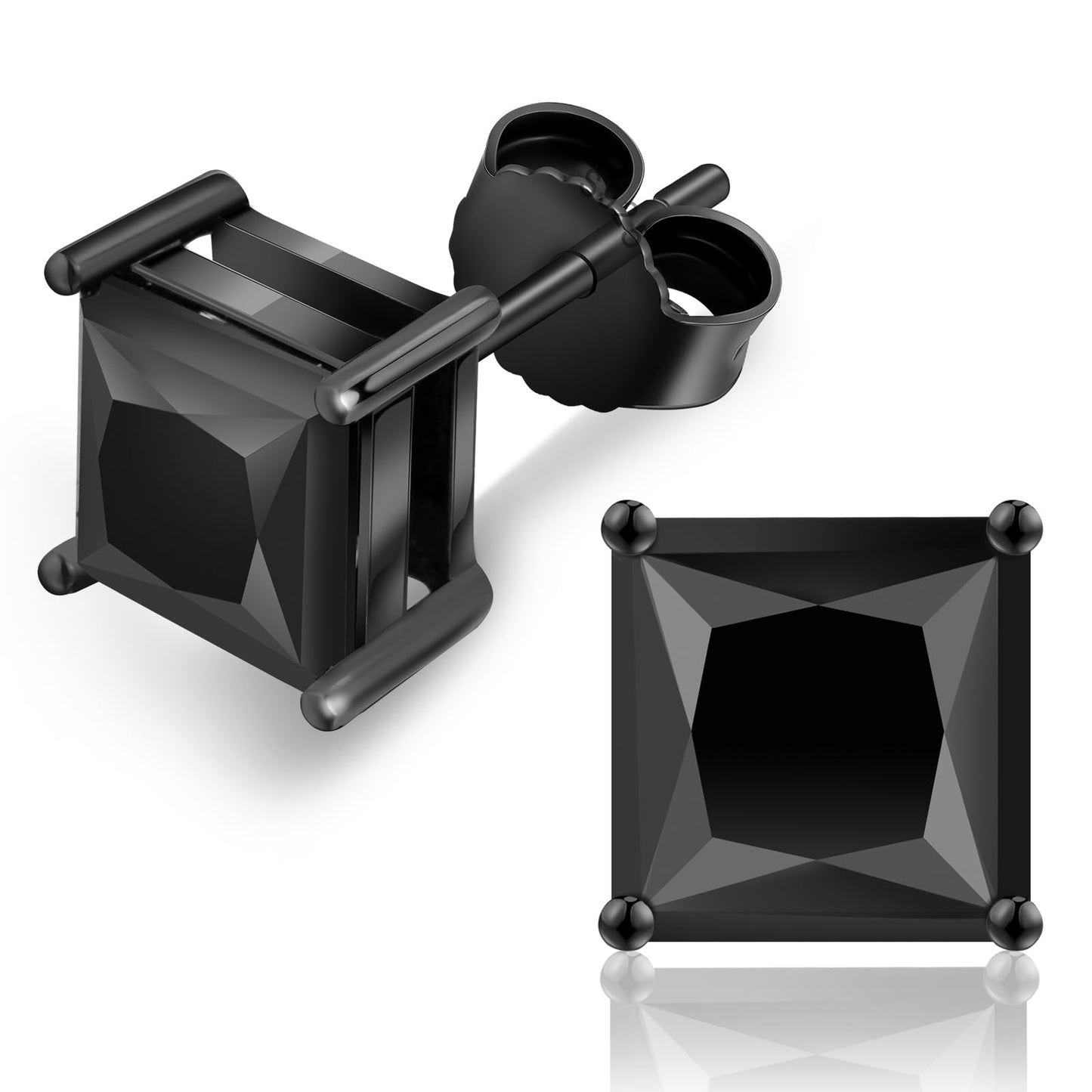 KRKC Black Moissanite Stud Earrings, Sterling Silver, 3ct, Unisex, Hypoallergenic, Friction Back, Luxurious Stud Earrings