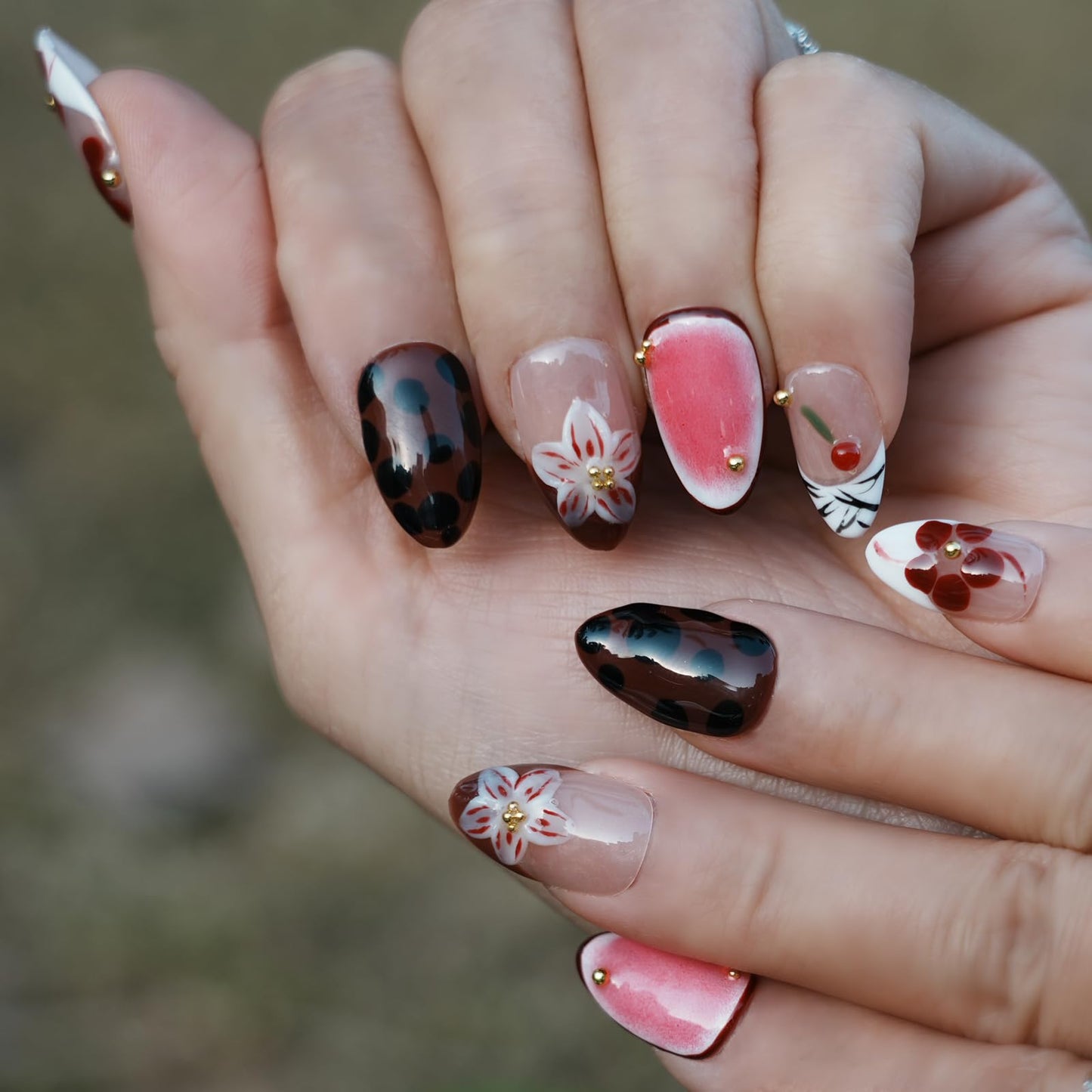 Tesytto Handmade Short Almond Press on Nails Leopard Print French Tip, Cherry Floral Coffee Dot Glossy False Nails, Reusable Acrylic Fake Nails for Women (Leopard Cherry Fun, M)