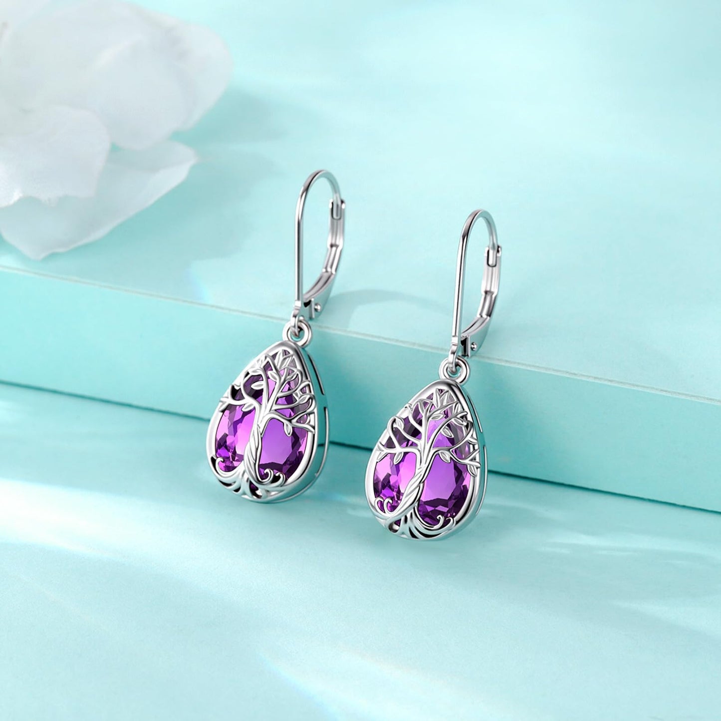 Eusense Tree of Life Earrings Sterling Silver Birthstone Teardrop Dangle Amethyst Earrings for Women Leverback Tree of Life Jewelry