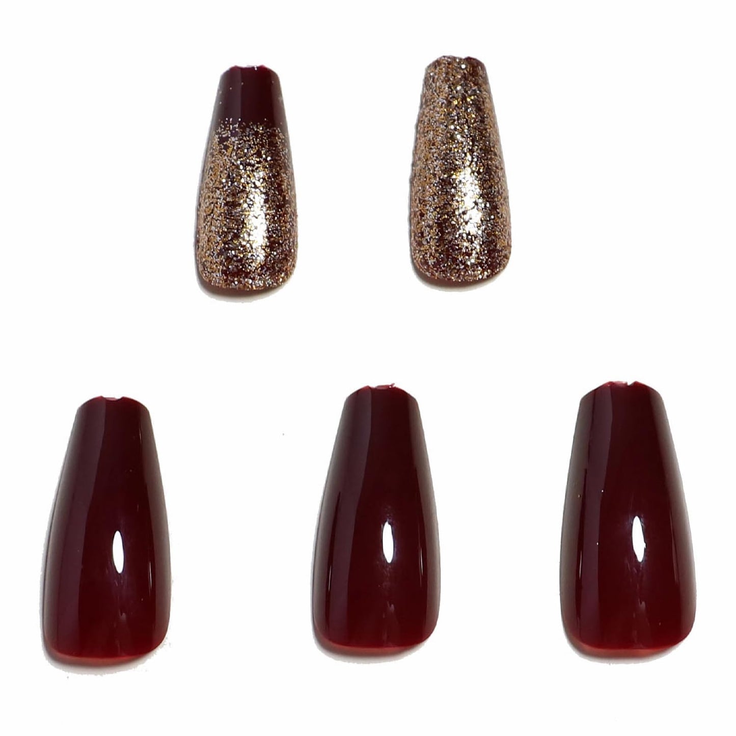 MISUD Press on Nails - Long Coffin Glue on Nails with Wine Red Burgundy, Acrylic Bling Gold Glitter Design 24 pcs