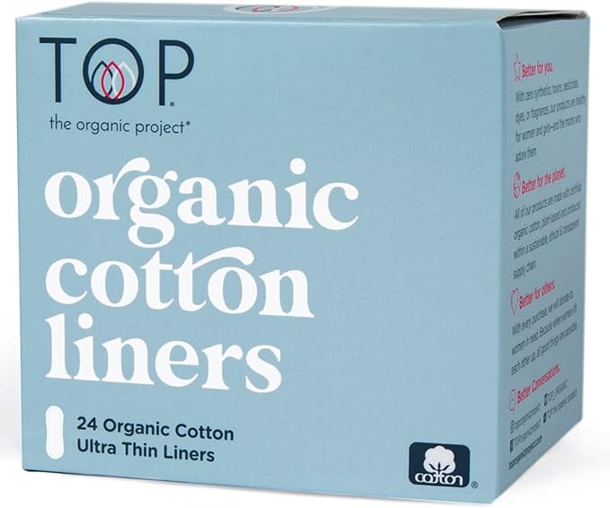 TOP: Certified Organic 100% Cotton Ultra Thin Panty Liners | Non-Toxic, Biodegradable, Plant Based, Made in Europe, (Mom Created, Comfortable, Discreet, Fragrance & Dye Free, Women & Teens), 24 Count