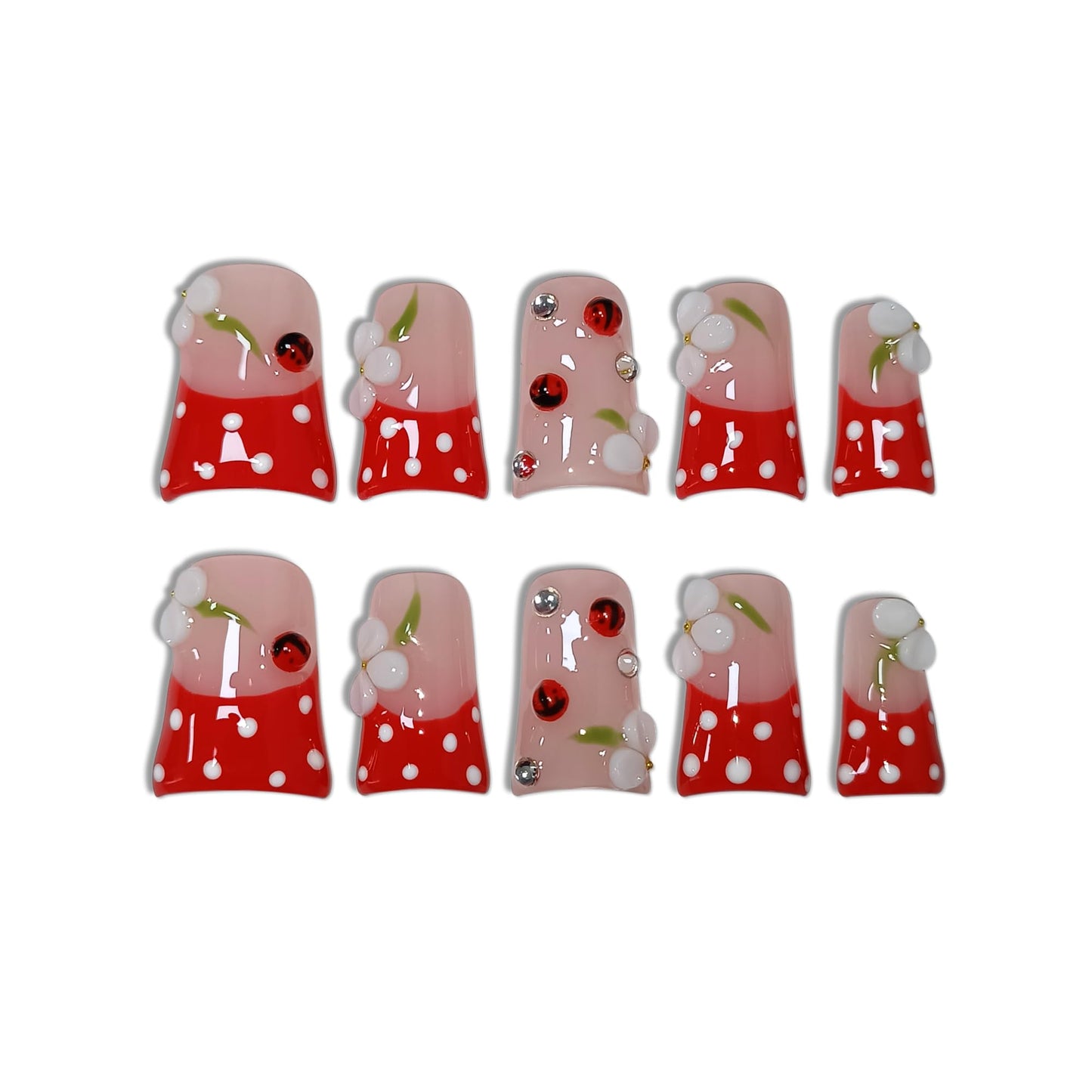 Duckbill Press on Nails - Red French with White Polka Dots & Glass Beads | Glossy Handmade False Nails | Kawaii Cherry Style for Spring(L)
