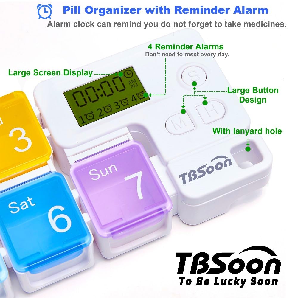 7 Day Medicine Pill Organizer, 4 Reminder Alarms, Loud Sound, 7 Large Compartments, Large Screen, Moisture-Proof, Dust-Proof, Travel Weekly/Daily Pill Box/Organizer/Case/Container/Dispenser, TBSoon
