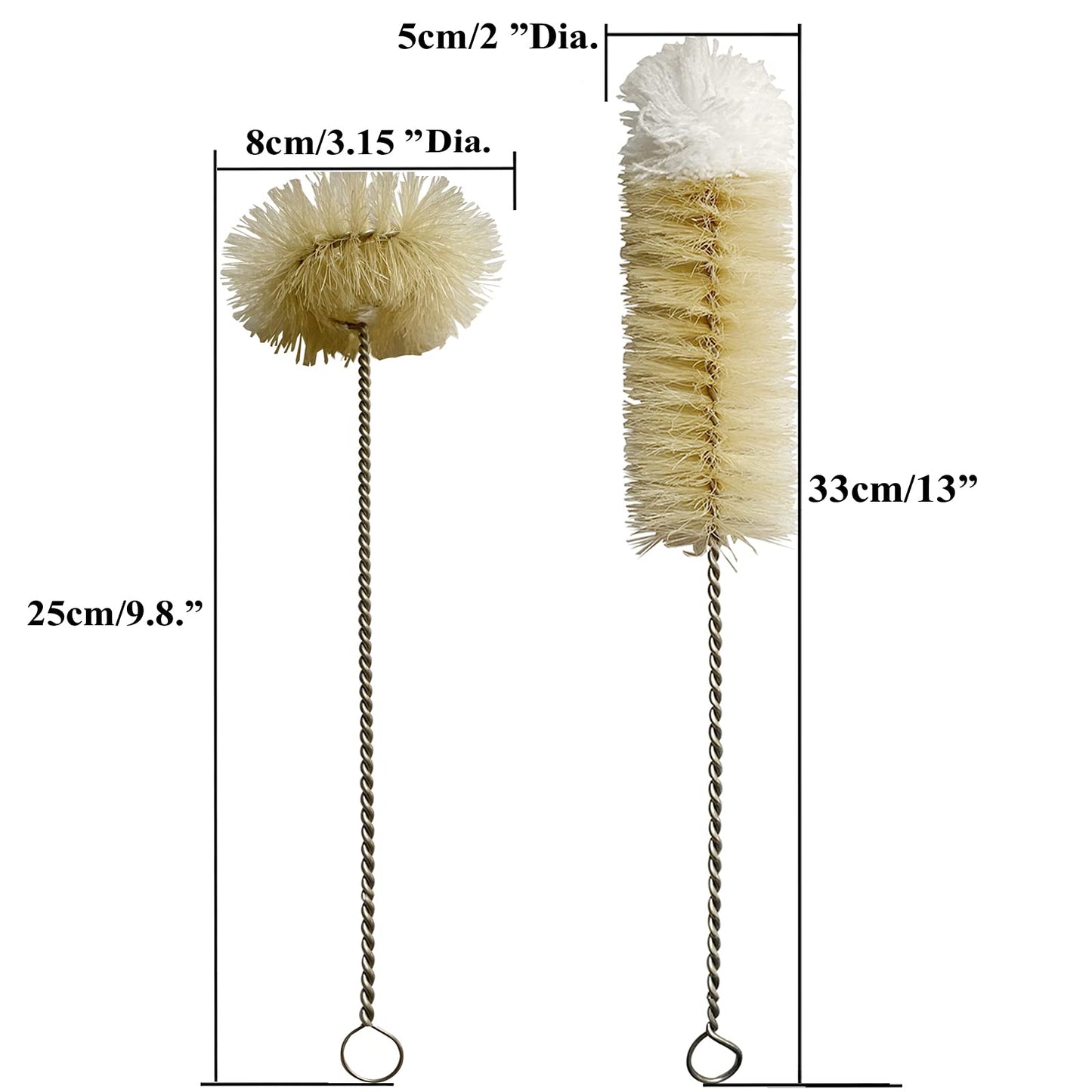 Coralpearl Bottle Brushes Thin Long Handle X 2, Skinny Wire Cleaner Set in Stainless Steel with Natural Boar Bristle at Wool Tip, Bendable Flexible for Cleaning Narrow Neck Bottles, Pipe, Tube, Hose
