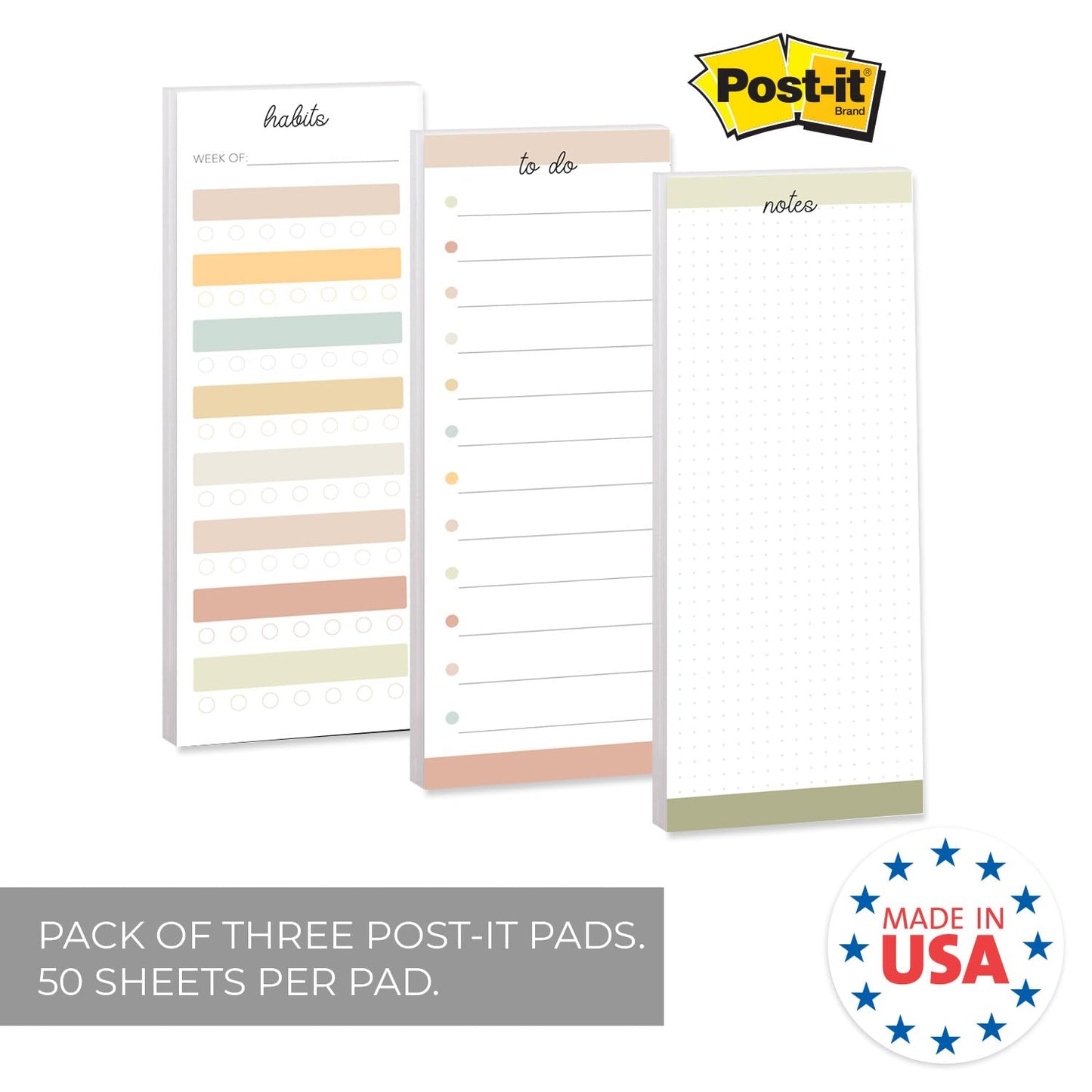 Productivity Sticky Note Assortment/Set of 3 Multi-Color Note Pads / 3" x 8" Daily Task Trackers / 50 Sheets Per Pad/Made in USA