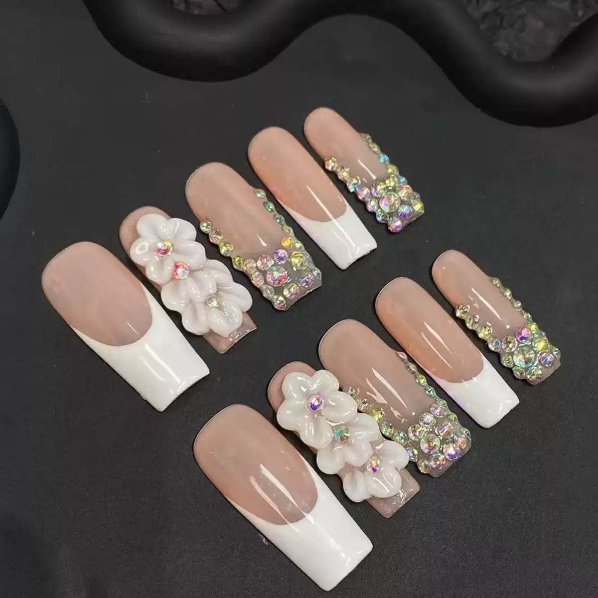 10Pcs Press On Nails Handmade Nails Long Square Fake Nails 3D Flower With Rhinestone Design French Tip False Nails Full Cover Acrylic Reusable Stick On Nail For Women(SIZE:M)