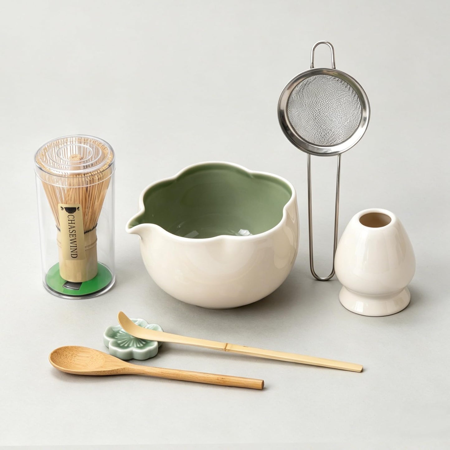 ChaseWind Matcha Set, 8Pcs Floral Ceramic Matcha Kit with Matcha Whisk, Holder, Scoop, Scoop Rest, Sifter, Spoon and Tea Towel - Thoughtful Matcha Whisk Set Gift for Matcha Lovers (Beige & Green)