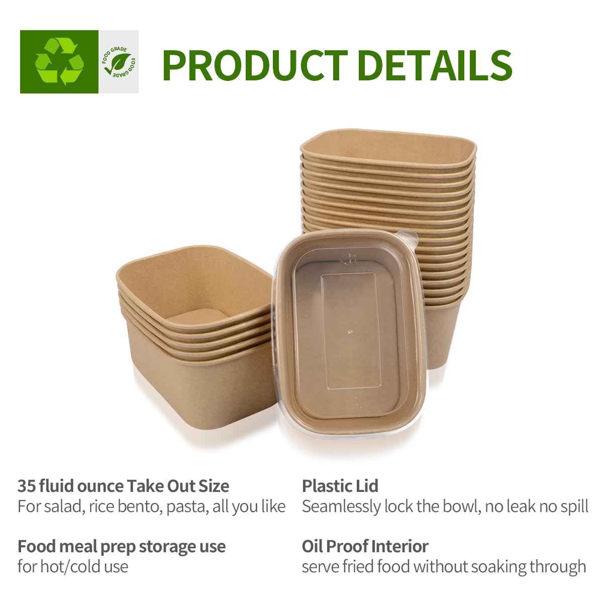AICHEF 50 Pack 35 oz Paper Food Containers with Lids, Microwavable and Freezer Use Paper Meal Prep Containers Disposable Food Prep and Take Out Food Containers, 50 Bowls 50 Lids