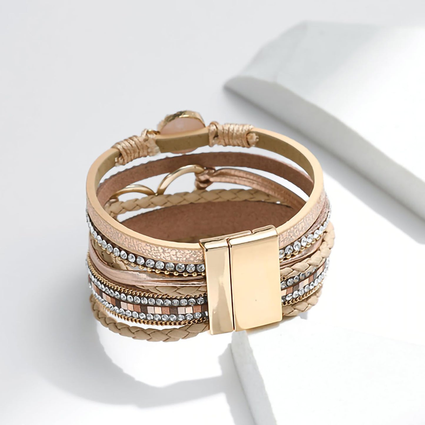 Leopard Bracelet for Women, Boho Leather Wrap Multi-Layer Pearl Crystal Bracelet Bangle Jewelry (Heart Leather1)