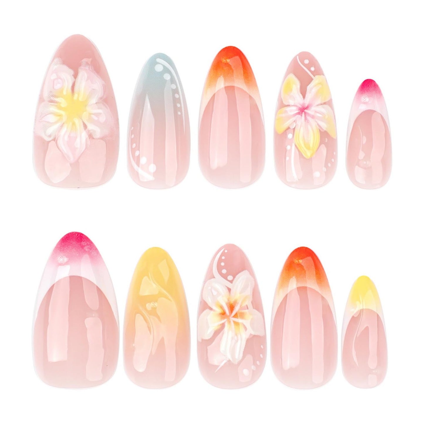 French Tip Press on Nails Medium Almond SWEKKE 3D Flower Fake Nails False Nails with Plumeria Designs Hawaii Glossy Glue on Nails Summer Stick on Nails for Women Girls 24Pcs