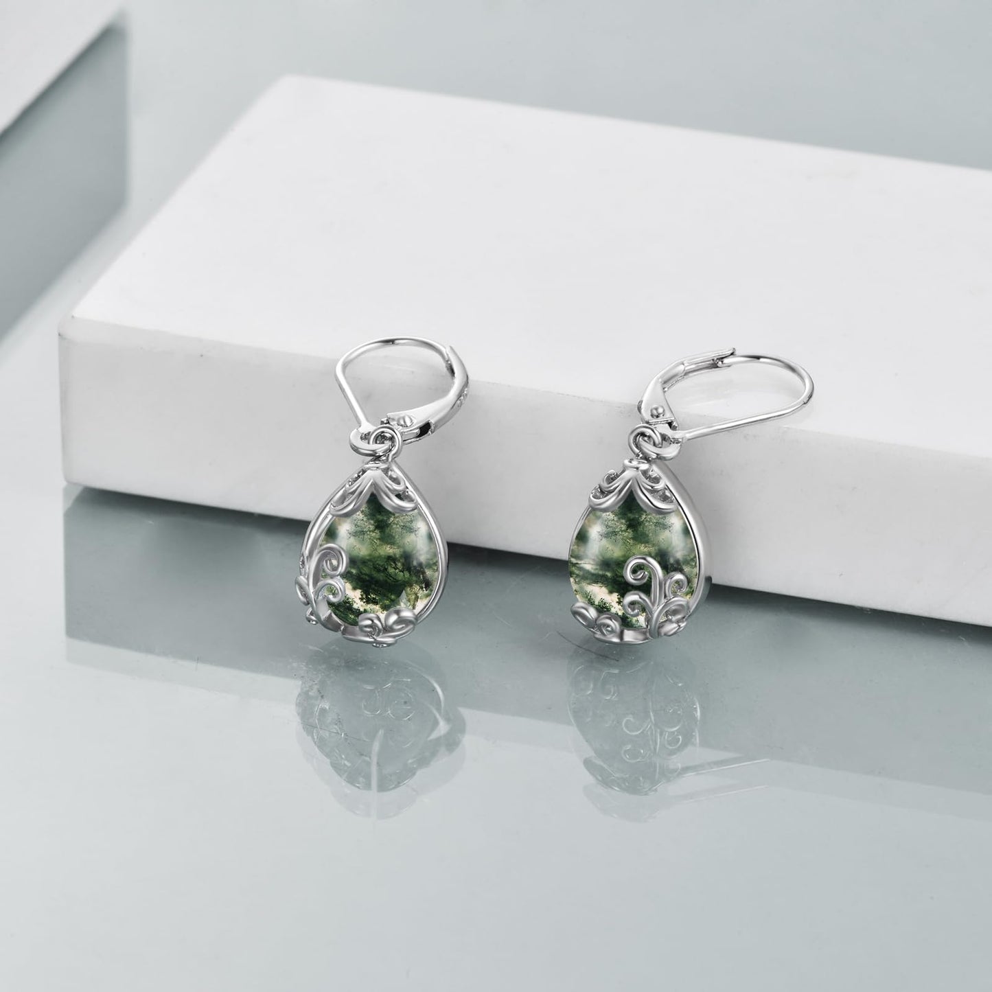 POPLYKE Moss Agate Filigree Teardrop Drop Dangle Earrings Sterling Silver Leverback Earrings Jewelry for Women