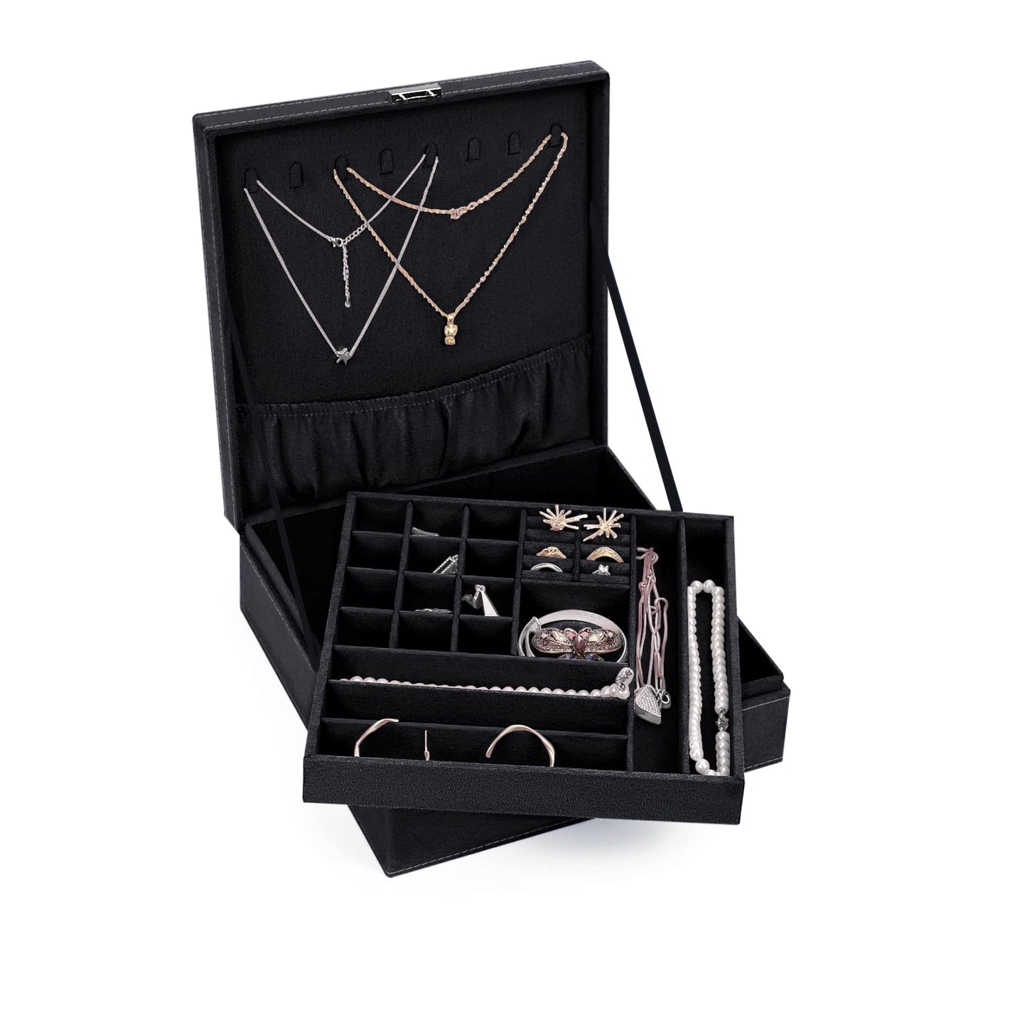 MOSISO Jewelry Box, Jewelry Storage Case Organizer Stackable Double Layer Lockable Display for Women Velvet Necklace Earring Bracelet Ring Watch Brooch Holder, Black