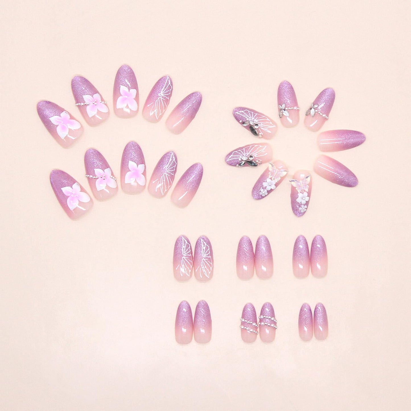 30Pcs Purple Ombre Press on Nails Medium Almond Fake Nails Press ons 3D Butterfly Rhinestone Design Shimmer Magnetic False Nails Purple Glitter Full Cover Cute Butterfly Flower Acrylic Nails for Women
