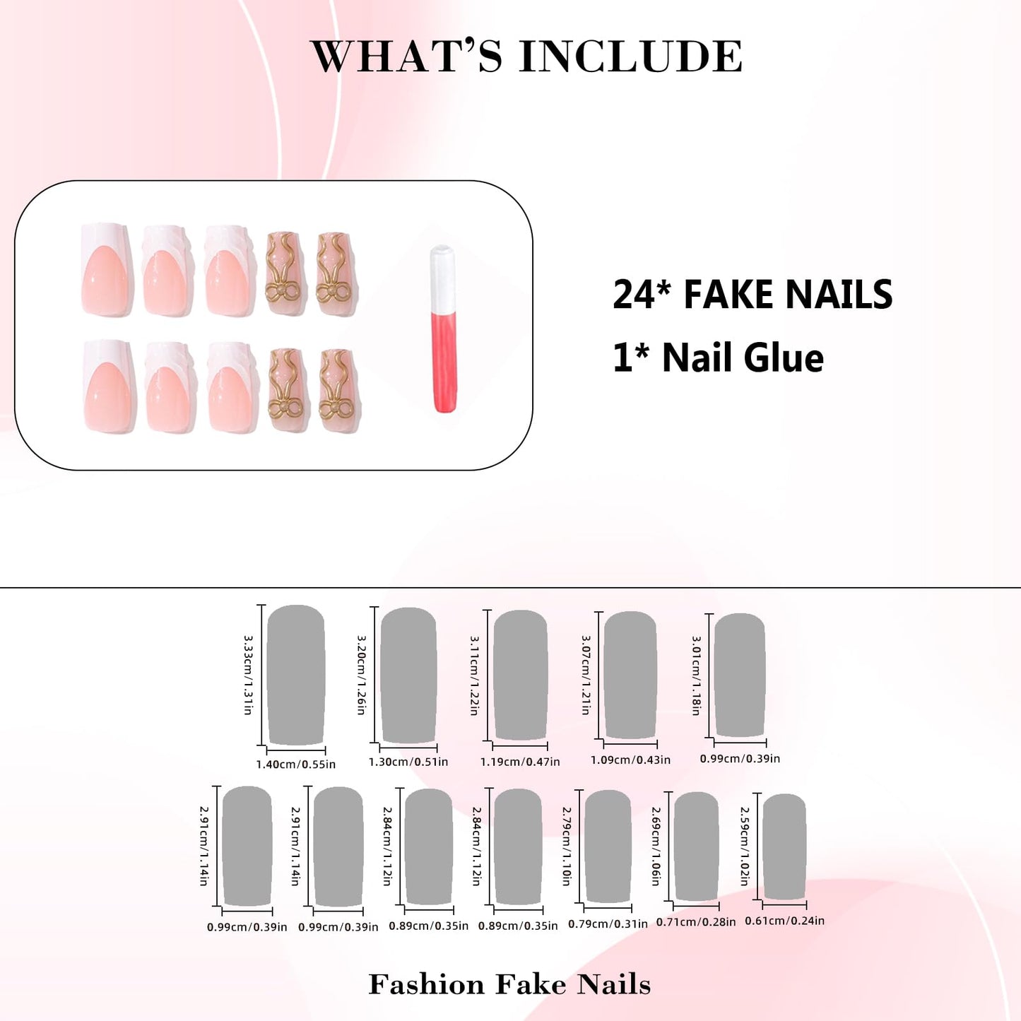 IMRAIN Press on Nails Long Square Fake Nails White French Tips False Nails with 3D Golden Bow Designs Full Cover Glue on Nails for Women