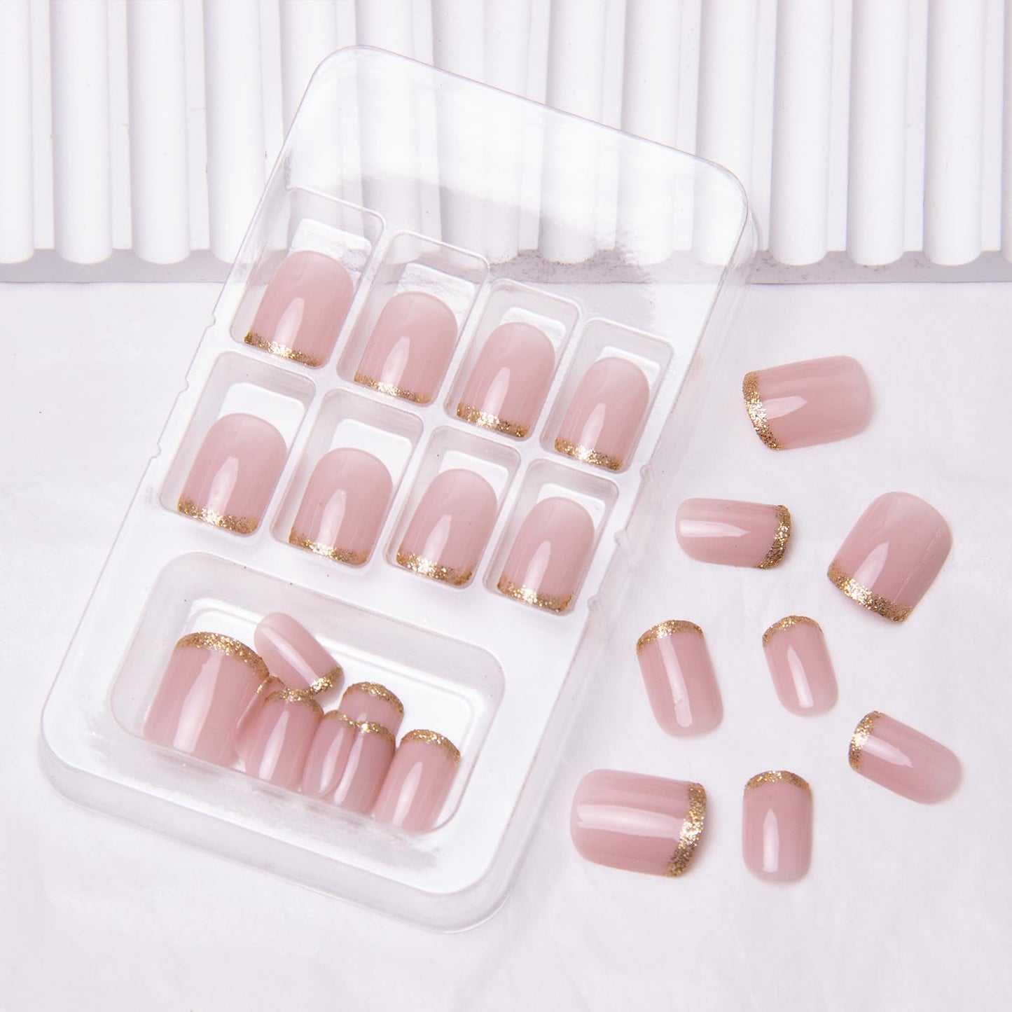 French Tip Press on Nails Short Square Fake Nails Gold Glitter Acrylic Nails Nude Pink Nature Artificial Nails Glossy Squoval False Nails Glue on Nails for Women Girls Manicure Nails Decoration