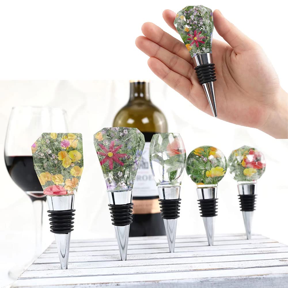 JIOFAVIU 15 Pcs Resin Wine Bottle Stopper Molds Set, Wine Stopper Silicone Molds for Epoxy Resin (5 Molds and 10 Stoppers)