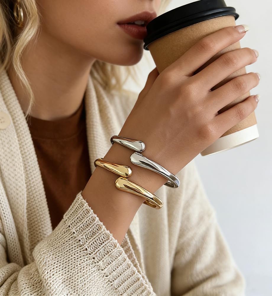 Chunky Gold Bangle Bracelets for Women, Dainty 14k Gold Plated Silver Stackable Bangles Set, Trendy Statement Cuff Bracelet Stack Trendy Jewelry Gifts
