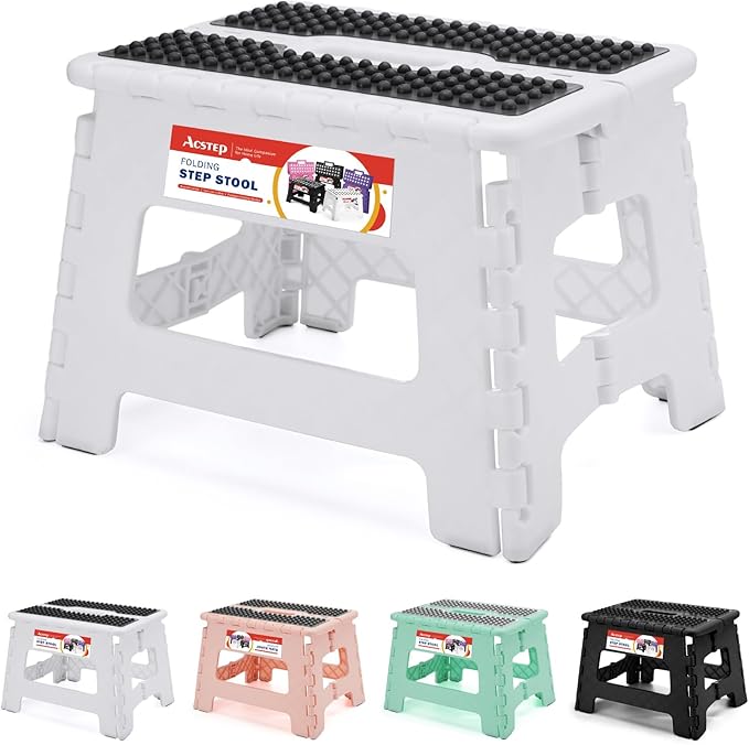 ACSTEP 9 Inch Folding Step Stool 300 LB Capacity Non Slip Foot Stool with Handle Plastic Foldable Step Stools for Kids Stepping Stool for Bathroom Kitchen Small Step Stool (1 PC White)