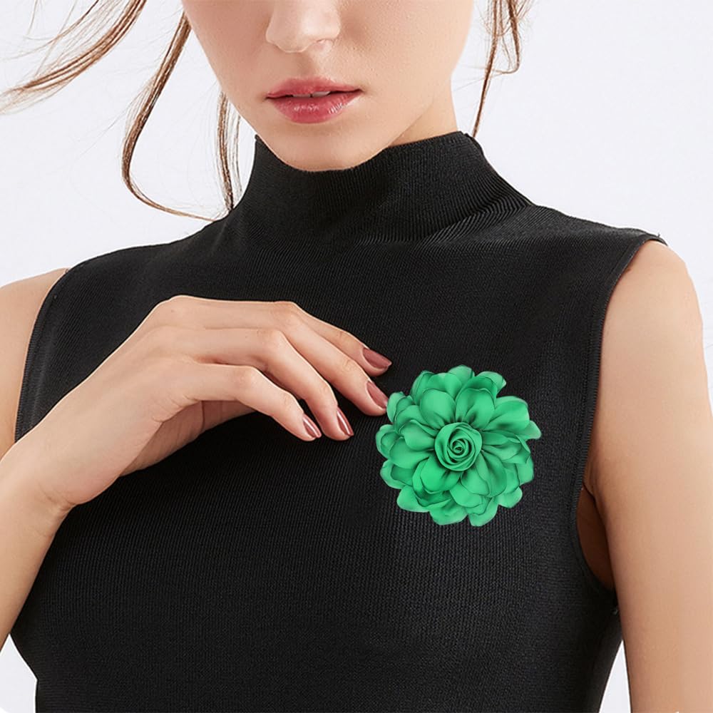 Elegant Large Cloth Flower Brooches Big Camellia Flower Pin for Women Dainty Cloth Fabric Rose Brooches Dress Skirt Scarf Hat Pins Clothing Decoration Accessories (Green A)