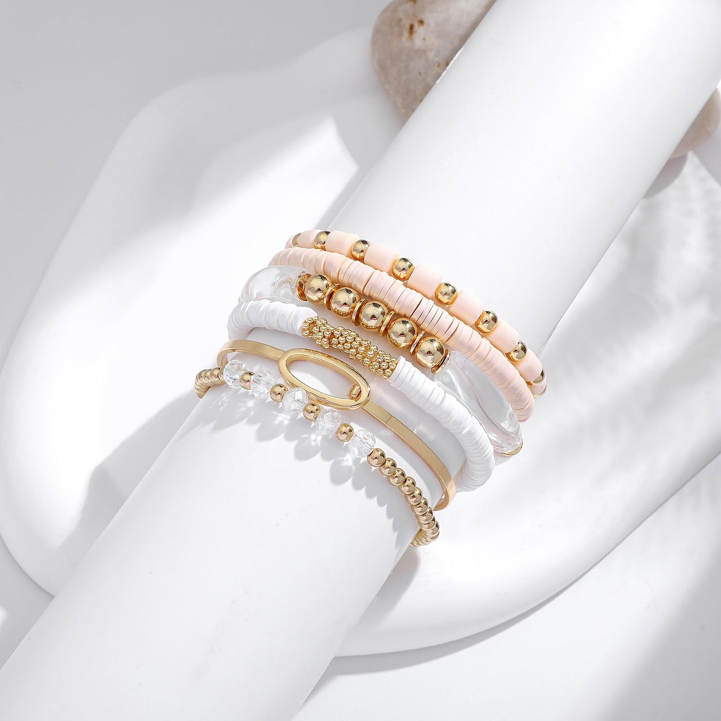 GOOJIDS Simple Beaded Gold Bangles Bracelet Chunky Bamboo Tube Curved Stacking Clear Acrylic Colorful Beads Stretchable Gold Bracelets Set For Women