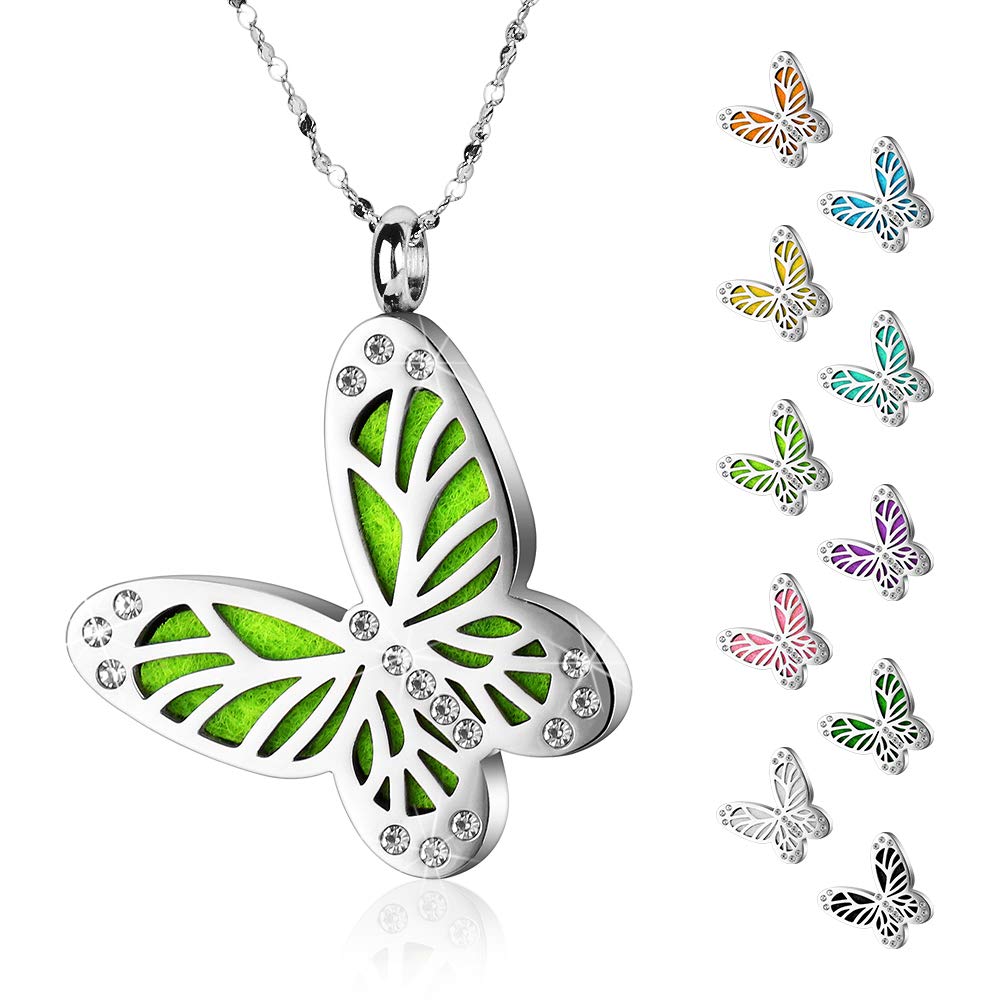 Maromalife Essential Oil Diffuser Necklace Butterfly Zircon Stainless Steel Aromatherapy Pendant Locket with Adjustable Chain and 10 PCS Felt Pads Mothers Day Christmas Birthday Gift for Women