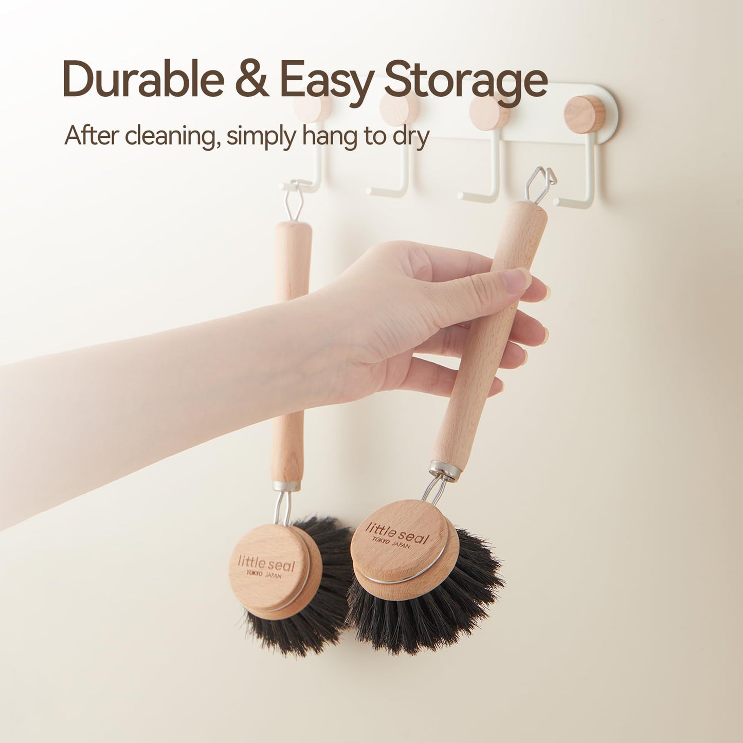 Dish Brush Set of 2, Wooden Handle Natural Bristle Scrubber, Non-Scratch Grease Absorbent for Non-Stick & Cast Iron Cookware, Kitchen Dishwashing Scrub Brush for Cleaning Dishes, Pots, Pans, Sink