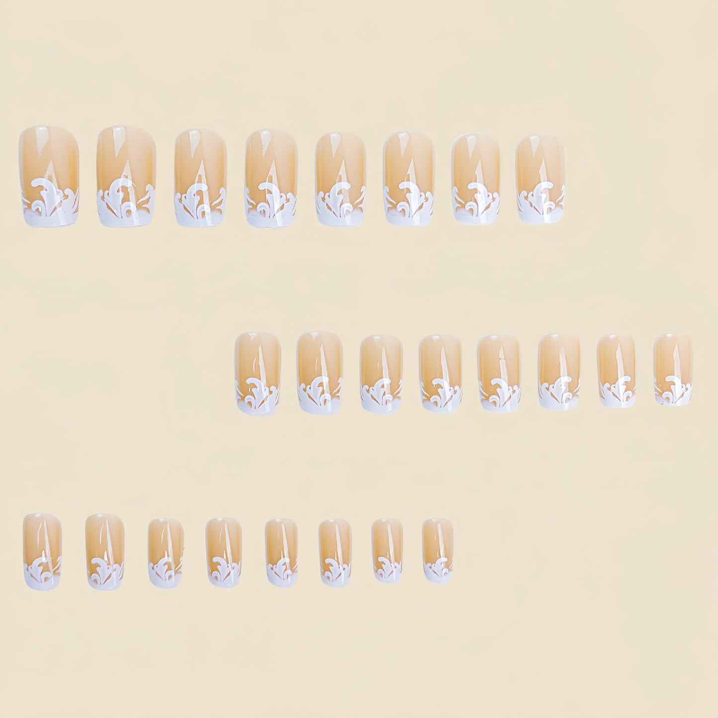 Medium Press on Nails Square Fake Nails with White Flower Designs Glossy Nails Press ons Nude Glue on Nails Cute Acrylic Nails Artificial Stick on Nails for Women 24Pcs