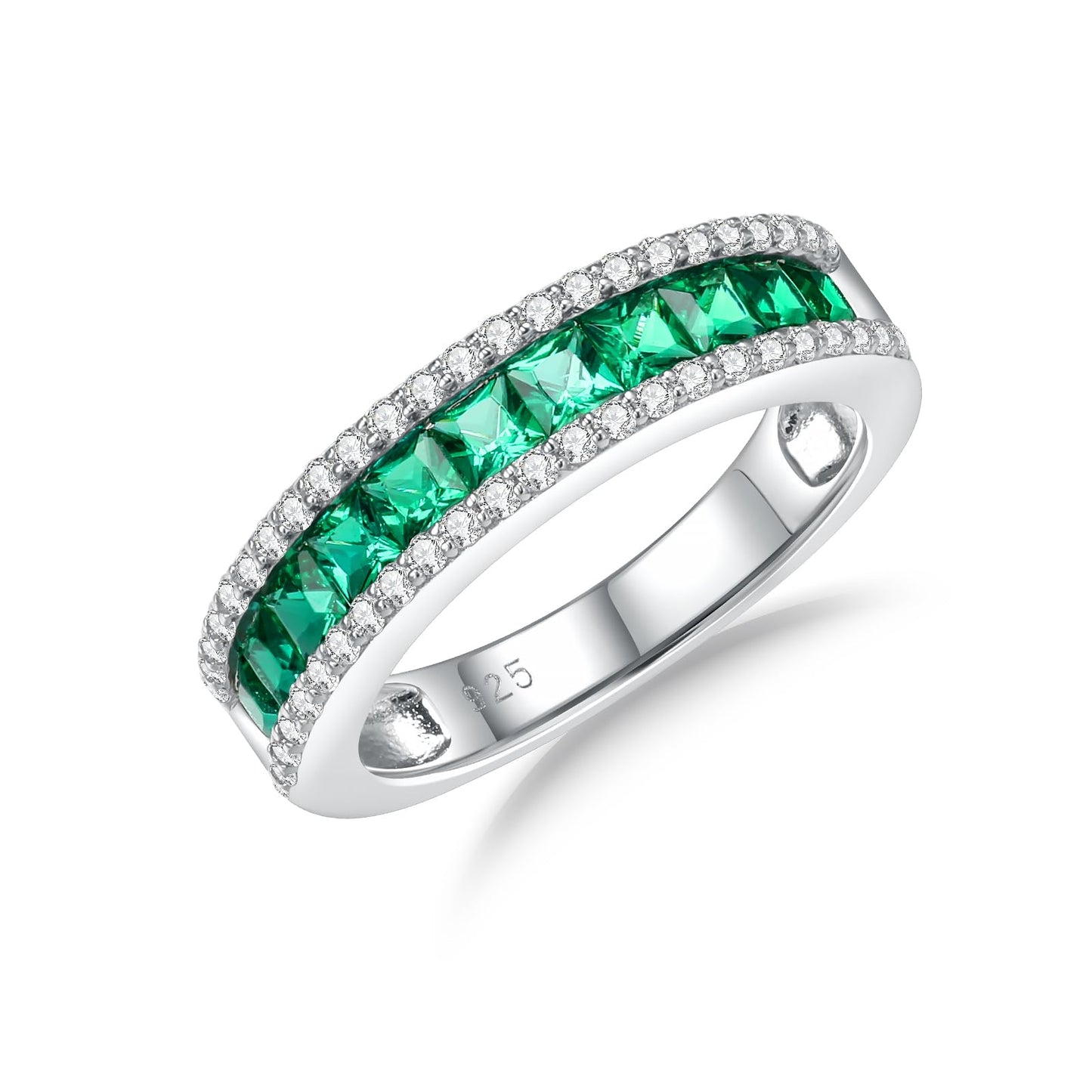 RANDES Emerald Eternity Ring 925 Sterling Silver Created Green Stone Emerald Engagement Wedding Band Rings for Women Men Size 8.5