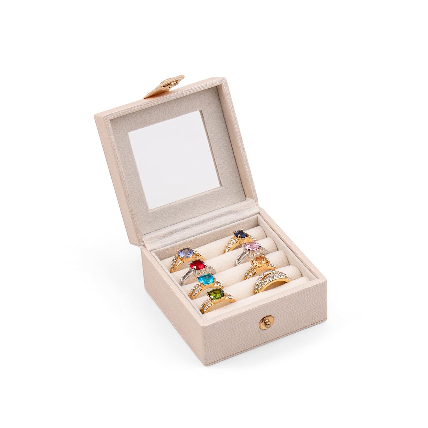 SANQIANWAN Small Leather Jewelry Box with Glass Top Mini Ring Display Case with 8 Slots for Selling Gift for Girls and Women (Pearl White)