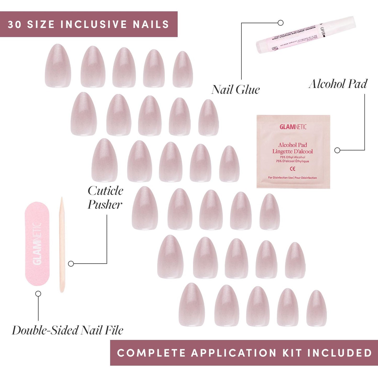 Glamnetic Press On Nails - Selenite | Soft White Sparkle Short Almond Fake Nails with a Glossy Finish, Salon Quality | 15 Sizes - 30 Nail Kit with Glue