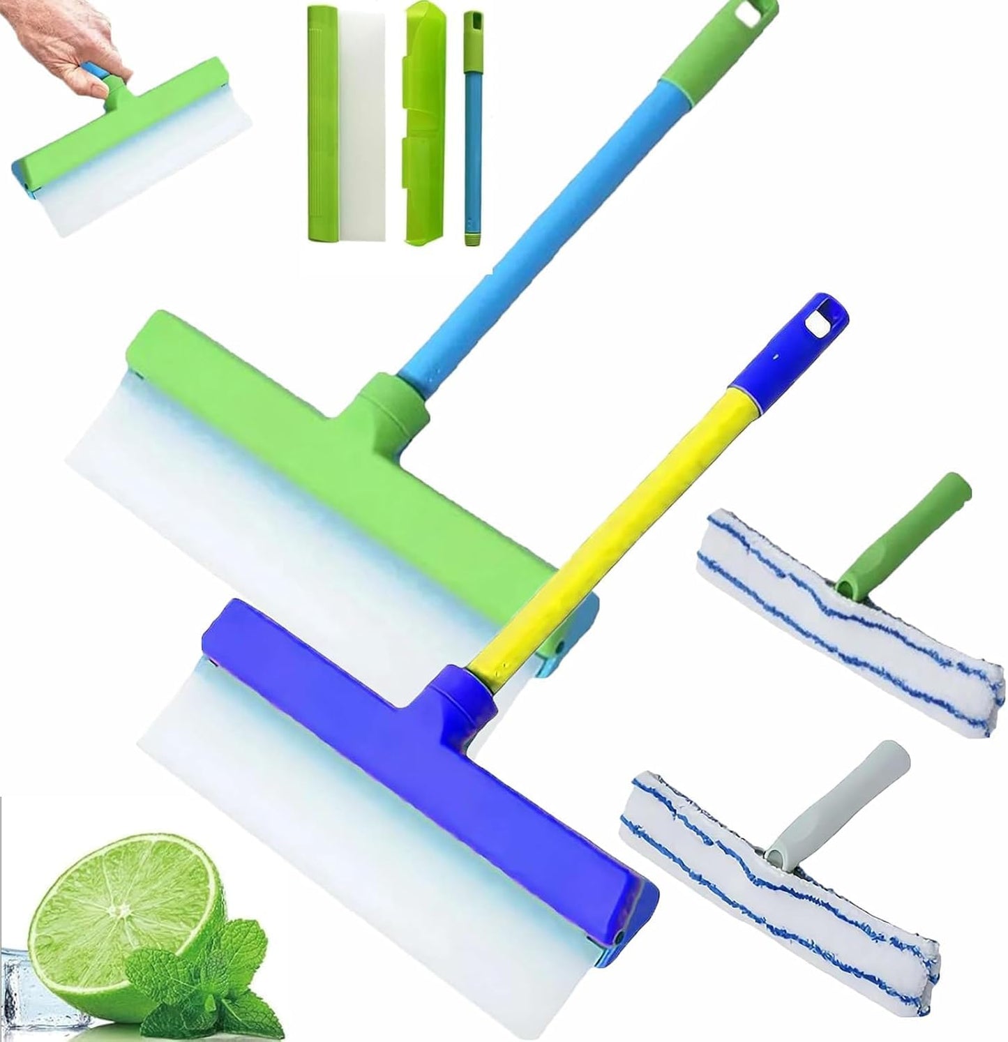 Byblix Squeegee, Byblix Window Squeegee, Byblix Recyclable Silicone Window Squeegee Kit, 3 in 1 Window Cleaning Scraper with Silicone Squeegee&Microfiber Scrubber, Blue+Green 2pcs