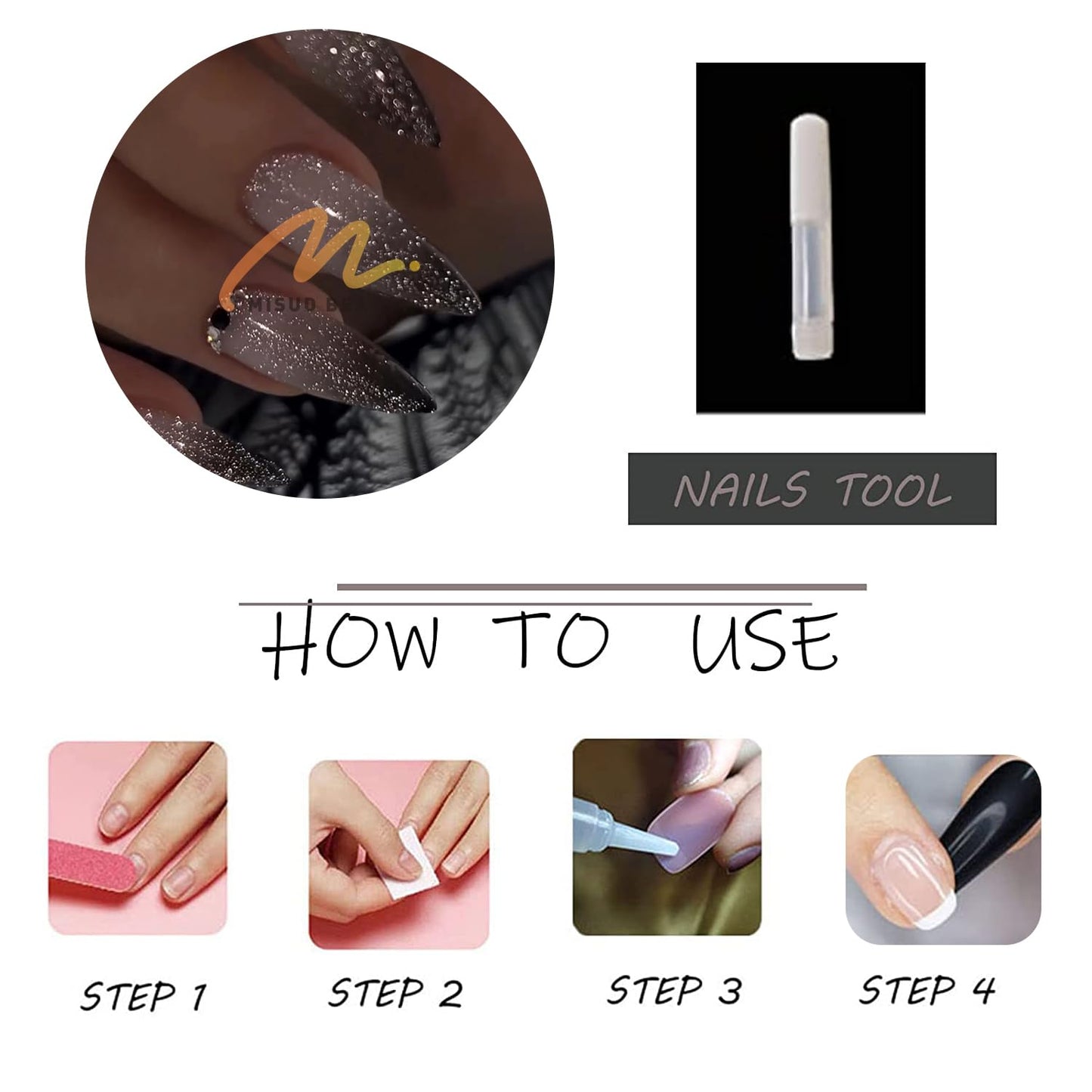 MISUD Press on Nails - Long Stiletto Fake Nails with Goth Black Ombre, Acrylic Bling Glitter Design 24 pcs