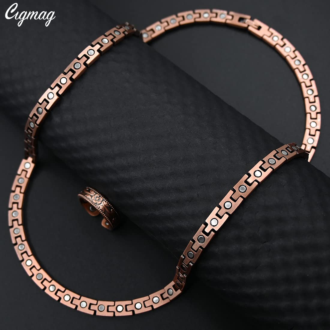 Cigmag Copper Necklace for Men Women - Magnetic Necklace 99% Solid Pure Copper Ring Set Ultra Strength Magnets - with Adjustable Sizing Tool and Present Box