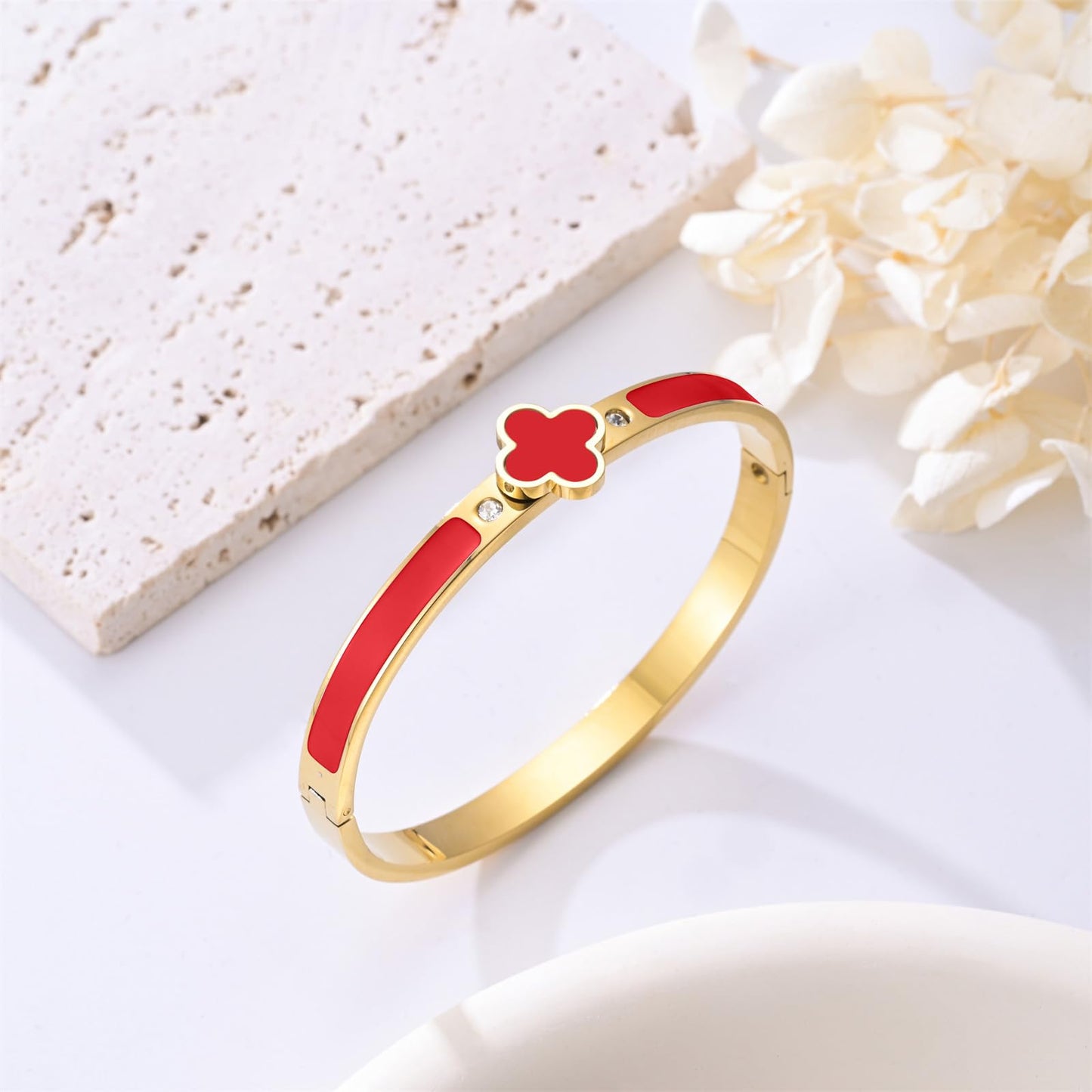 KYJAC 18k Gold Plated Stainless Steel Four Leaf Clover Bracelet for Women - Non-Tarnish, Precision Polished Chunky Oval Bangle in Black, White, Pink, Red Clover Bangle