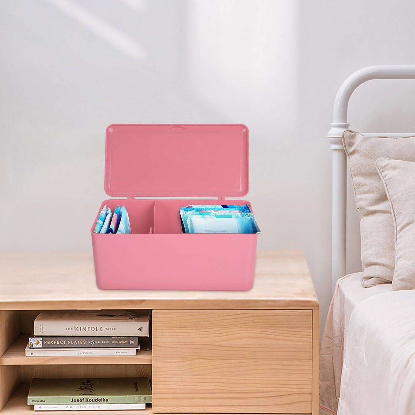 ChengFu Pad and Tampon Organizer for Bathroom,Sanitary Napkin Holder, Pad and Tampon Organizer for Period, Sanitary Napkin Storage Container, Light Pink