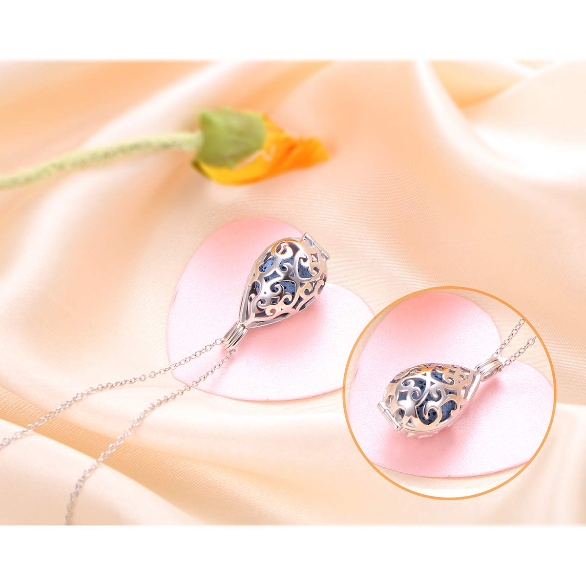 DAOCHONG S925 Sterling Silver Aromatherapy Essential Oil Diffuser Necklace Teardrop Locket Perfume Pendant Necklace Jewelry 18+2 inches Adjustable Chain with 10 PCS Stones