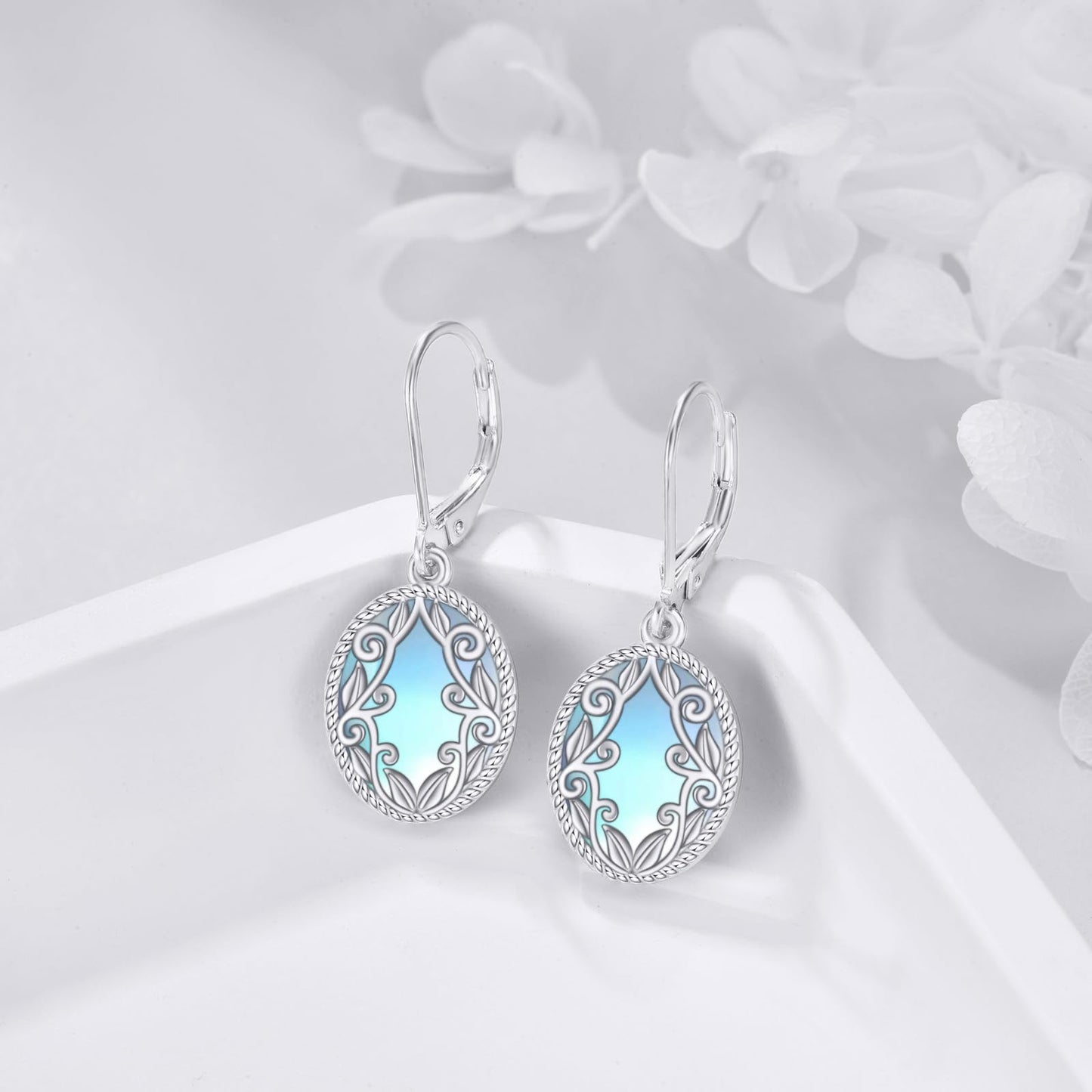 Moonstone Drop Earrings Sterling Silver Moonstone Oval Leverback Earrings Blue Stone Dangle Earrings Jewelry Christmas Gifts For Women