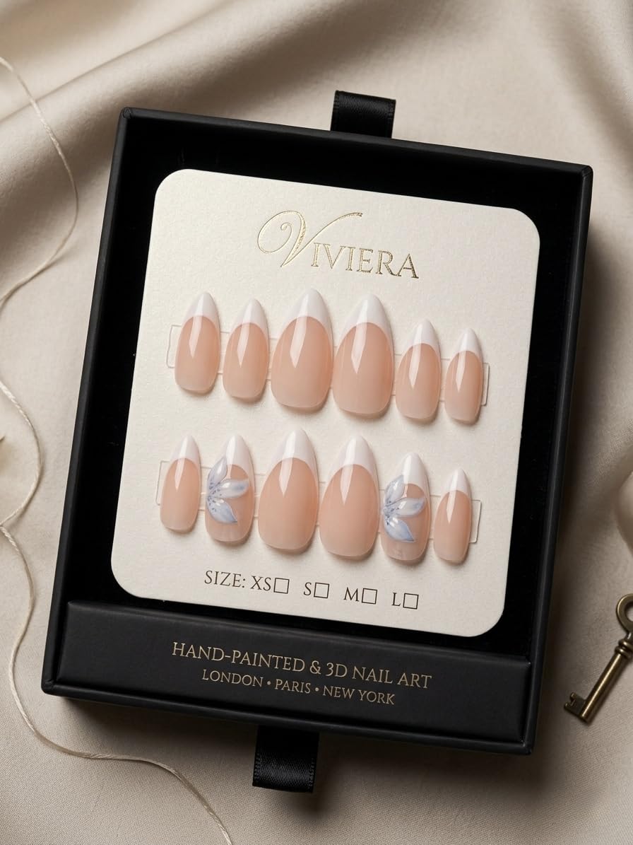 Viviera Press-On Nails, Nude French Tip with Blue Floral Accents, Almond Shape, 12 Count, Manicure Kit Included