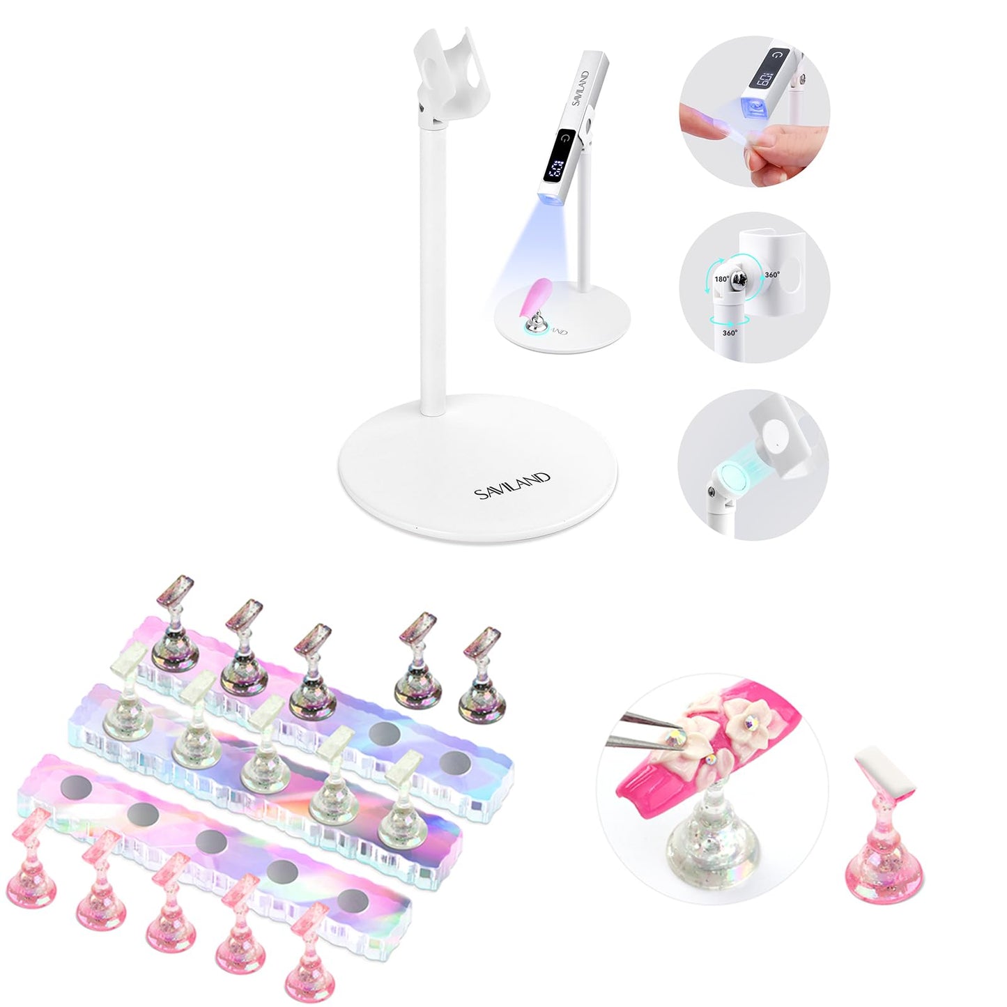SAVILAND U V Nail Lamp Stand: Sturdy Only U V Light Stand for Gel Nails Polish 360° Adjustable Magnetic Nail Stand for Press On Nails Display Strong Magnet Fake Nail Holder