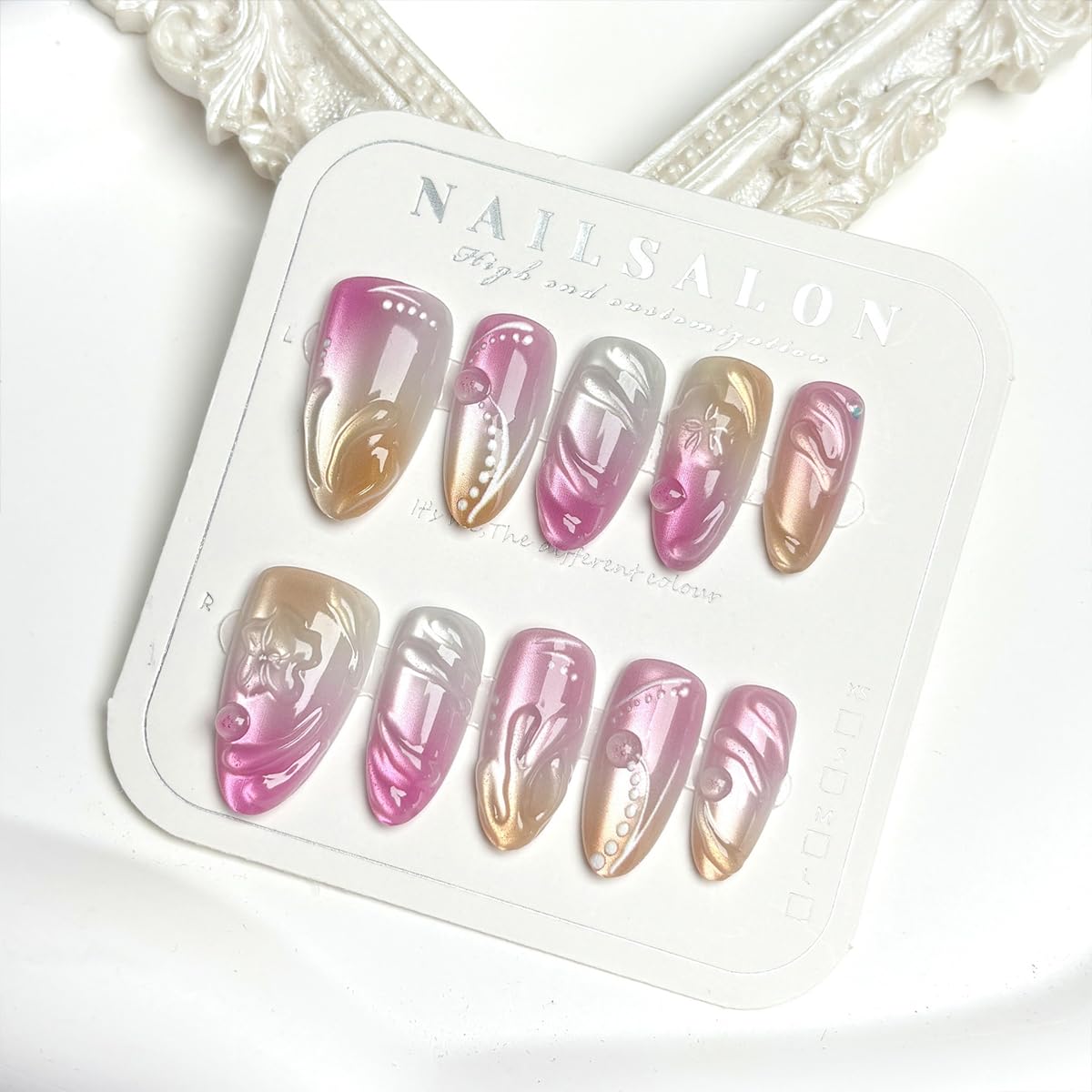 OSTTMA 30Pcs Pink White Gradient Aurora 3D Flower Nails, Almond Shaped, Glossy Acrylic Press On Nails, Full Cover, Reusable, 2 Sets of 15pcs Each