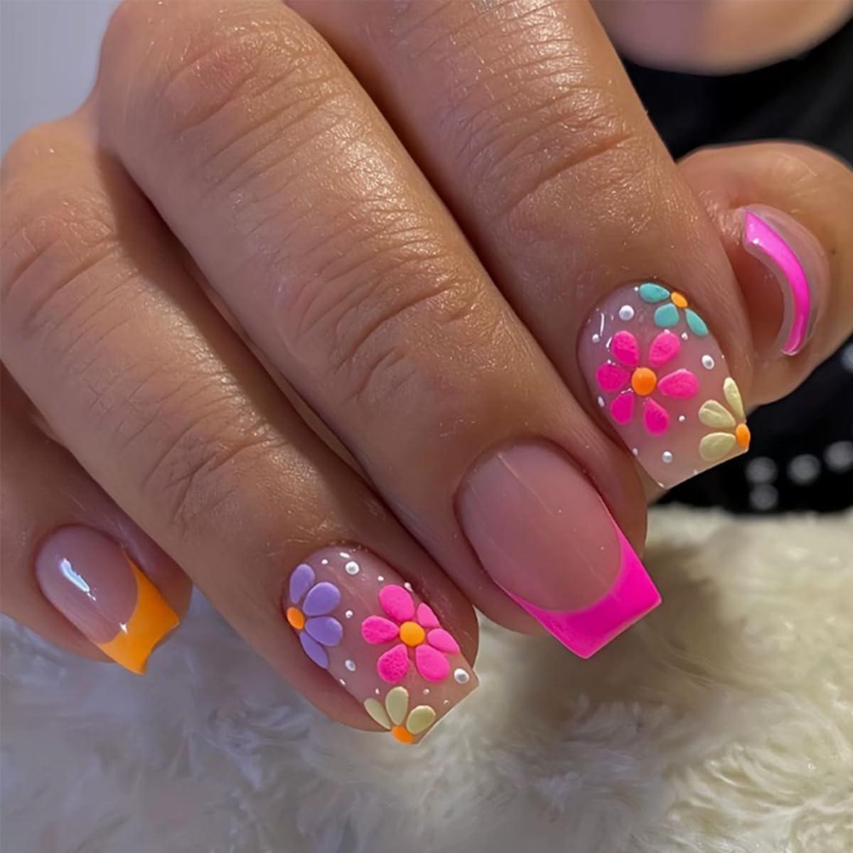 6 Packs (144 Pcs) Short Press on Nails Square Fake Nails Flower Press on Nails Summer Spring Acrylic Glue on Nails Full Cover Cute False Nail Tips Stick on Nail for Women Manicure 12 Size - 6 Style